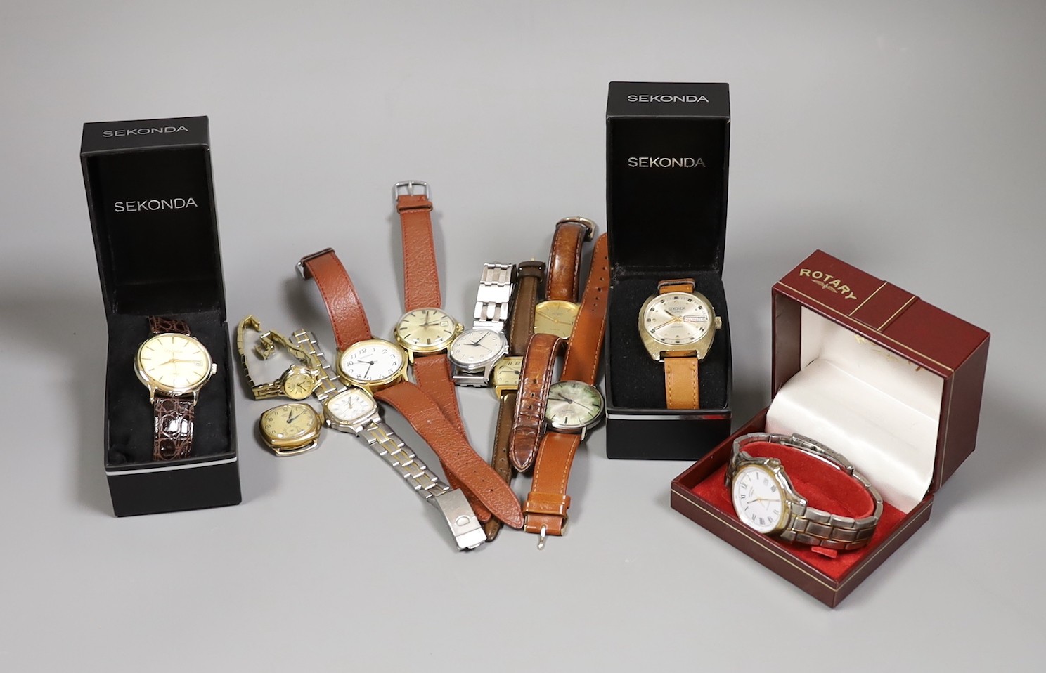 Twelve assorted mainly gentleman's stainless steel or steel and gold plated Sekonda and Rotary wrist watches, including Sekonda automatic day date and Rotary quartz.